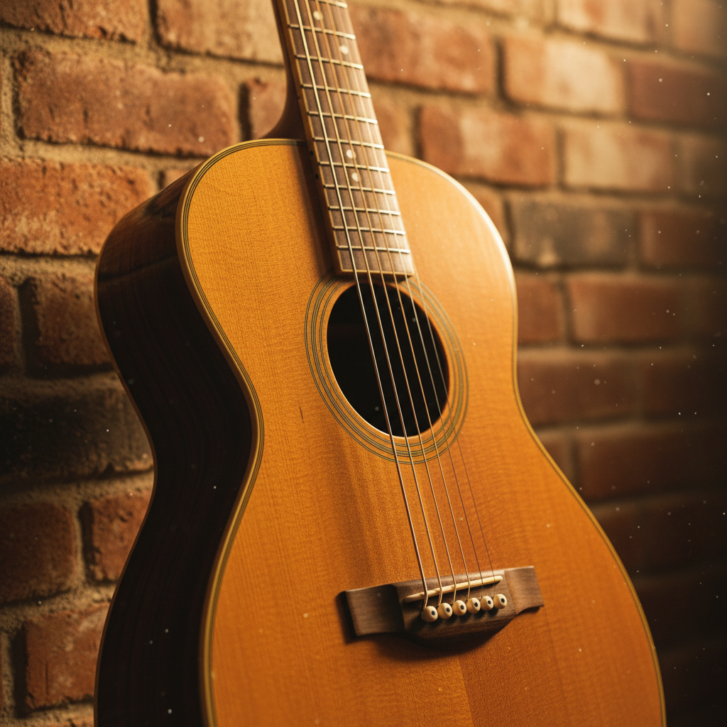 따뜻한 황금빛 조명 아래 빈티지한 벽돌 벽에 기대어 있는 어쿠스틱 기타의 정교한 나무 결무늬와 정밀하게 표현된 금속 줄의 광택