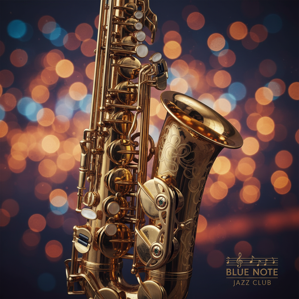 재즈 클럽의 몽환적인 보케 배경을 바탕으로 정교한 키 메커니즘과 화려한 각인이 디테일하게 묘사된 황금빛 색소폰의 근접 촬영