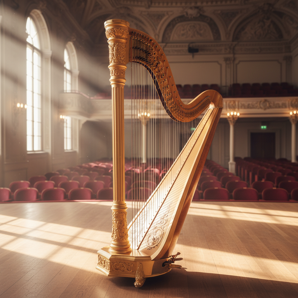 햇살이 가득 들어오는 클래식 공연장에 세워진 웅장한 황금빛 하프의 섬세한 현과 목재 프레임에 새겨진 화려한 조각 장식의 조화